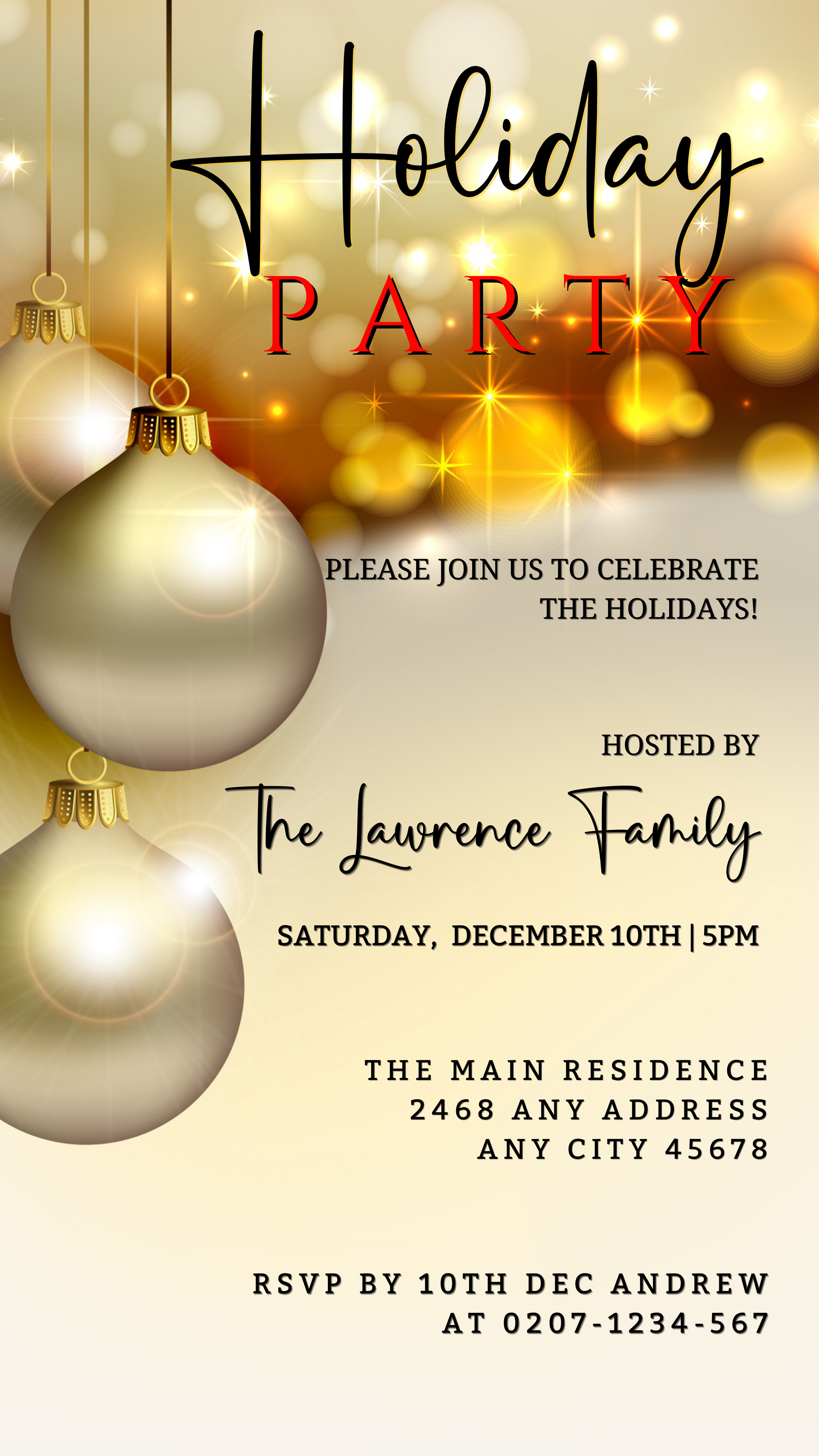 Gold Beige Glitter Ornament | Christmas Party Invitation, featuring editable text and a festive design, customizable via Canva for easy digital sharing.