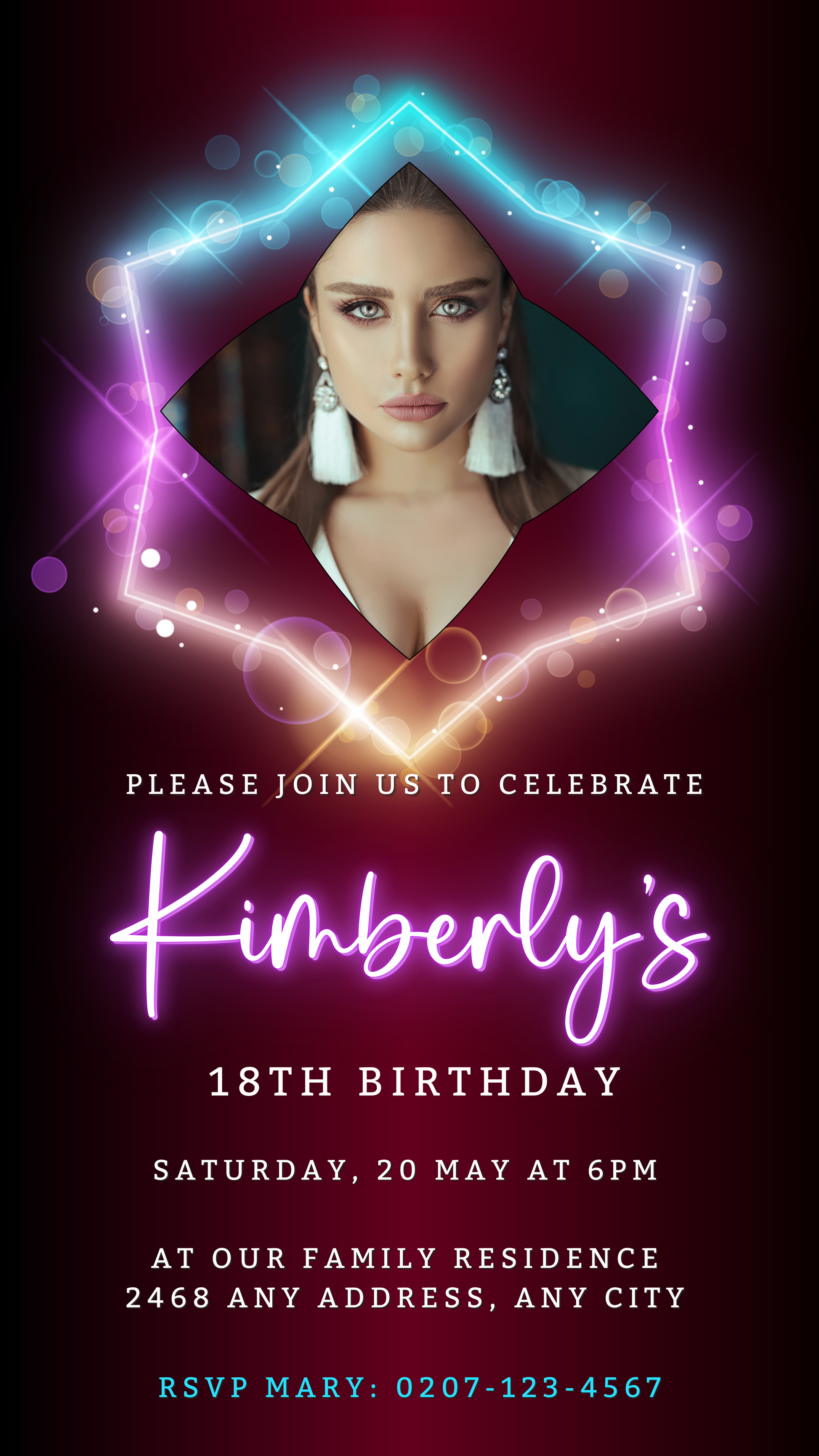Customizable digital birthday party evite featuring a woman's face in a diamond-shaped frame with editable text using Canva.