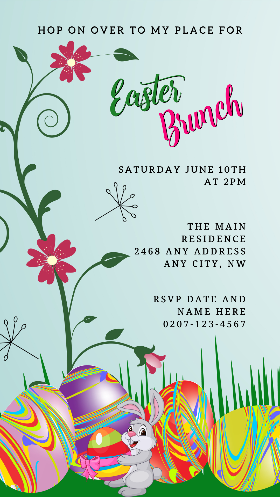 Cute Bunny & Colourful Easter Eggs | Easter Brunch Party Evite featuring a cartoon bunny holding an egg, floral designs, and editable text for a personalized, digital invitation.