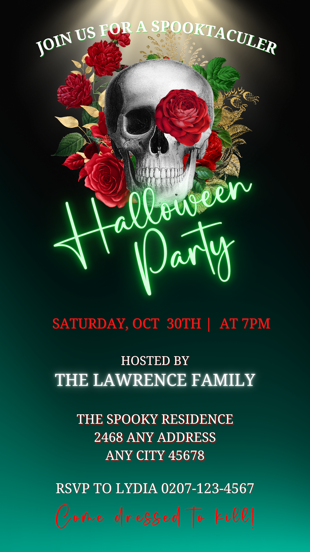 Red Rose Illuminated Skull Halloween Evite featuring a skull adorned with red roses and customizable text for party invitations in digital format.