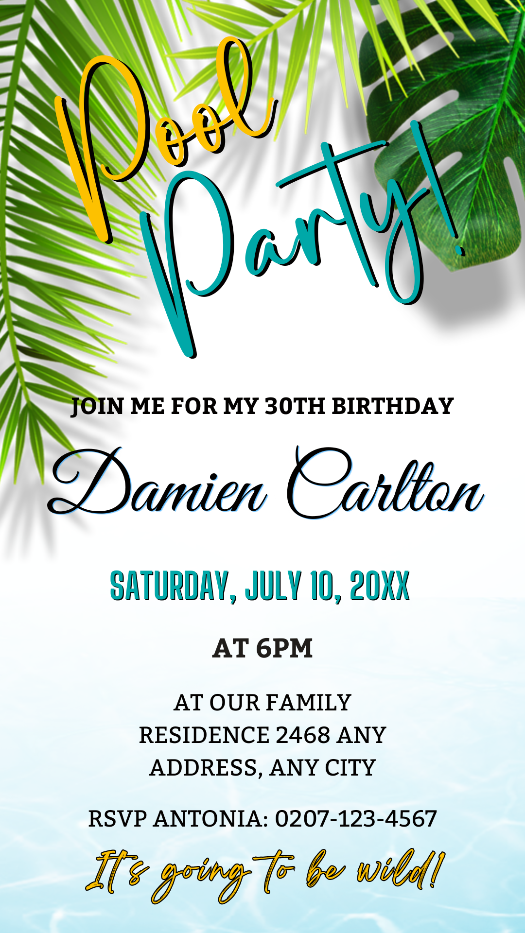 Digital Tropical Themed | Pool Party Invitation featuring green leaves on a white background, customizable via Canva for easy electronic sharing.