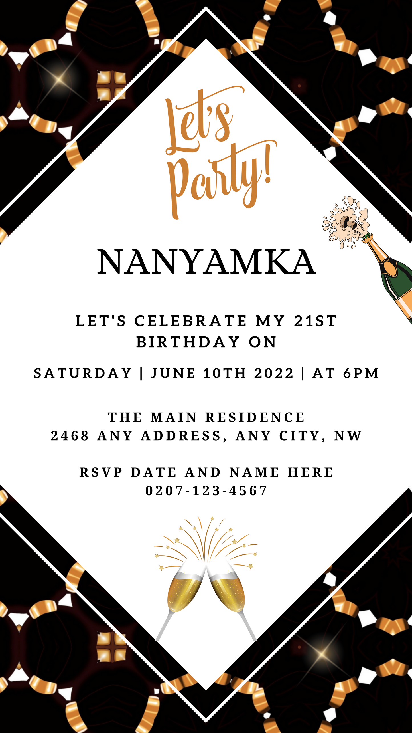 Editable White Beige Gold African Ankara Party Evite featuring customizable text and champagne glasses, designed for easy personalization via Canva on any device.