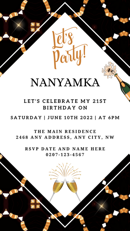 Editable White Beige Gold African Ankara Party Evite featuring customizable text and champagne glasses, designed for easy personalization via Canva on any device.