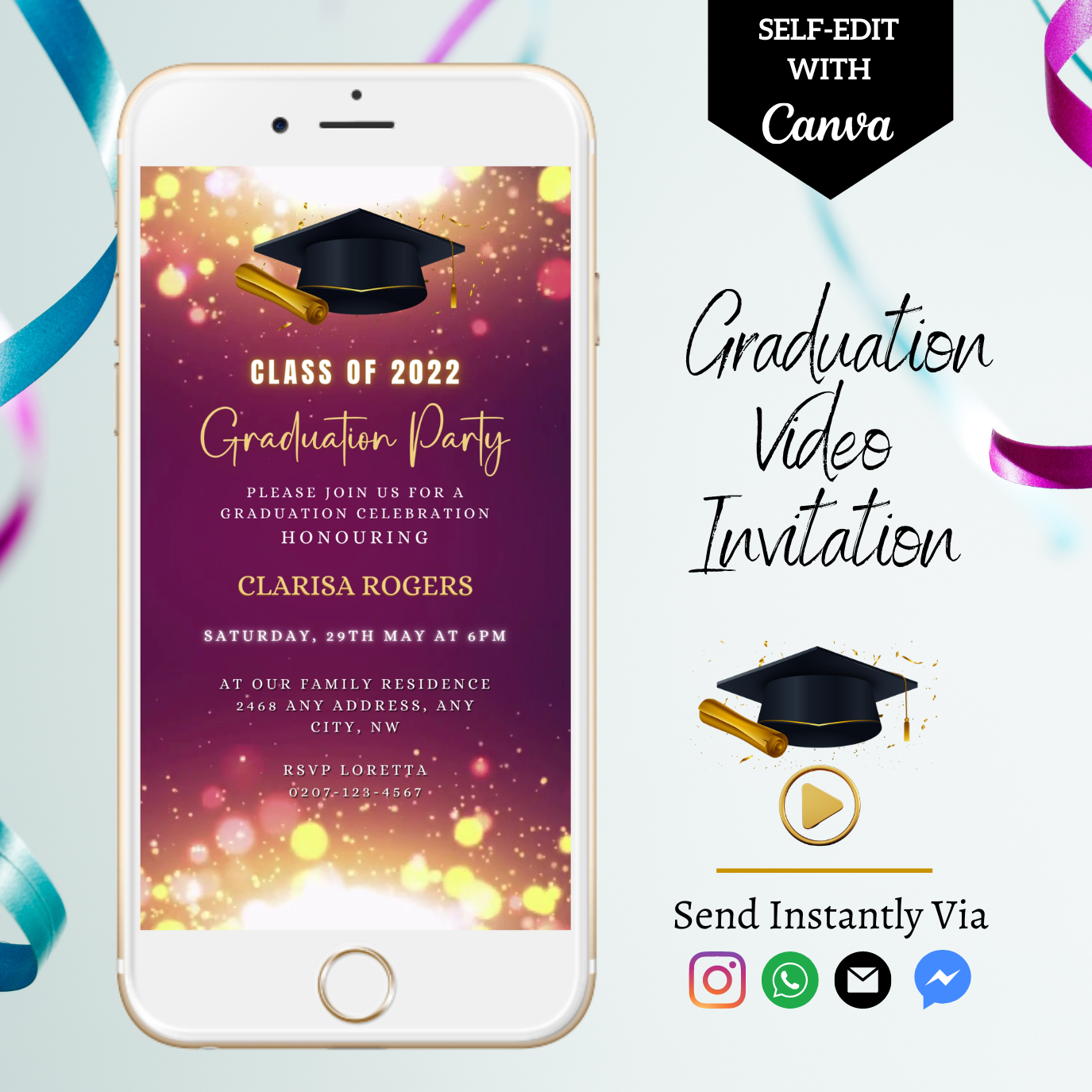 White smartphone displaying Maroon Gold Glitter Graduation Video Invitation template featuring a graduation cap, customizable via Canva for electronic sharing.