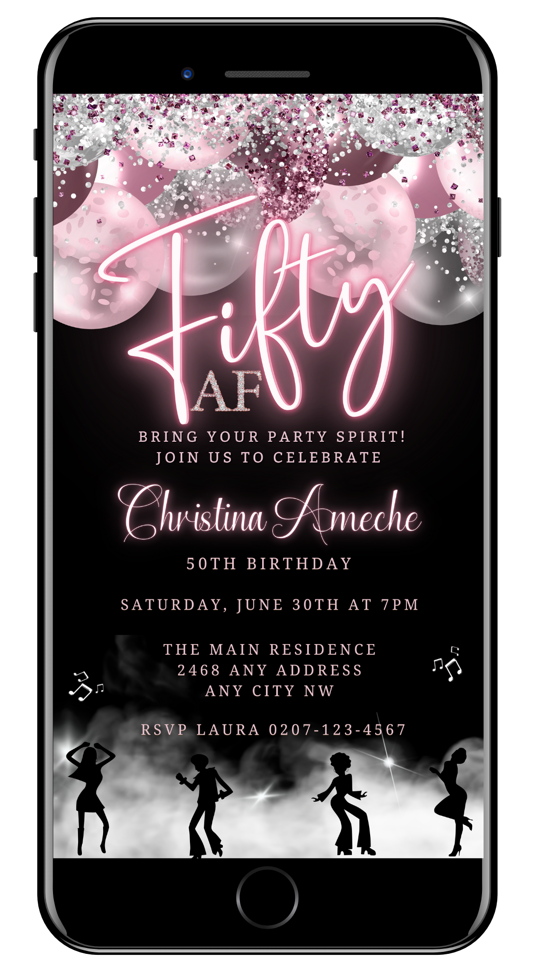 Mauve Pink Silver Neon 50AF Birthday Evite with silhouettes of dancers, balloons, and customizable text, designed for easy personalizing and digital sharing via smartphone.