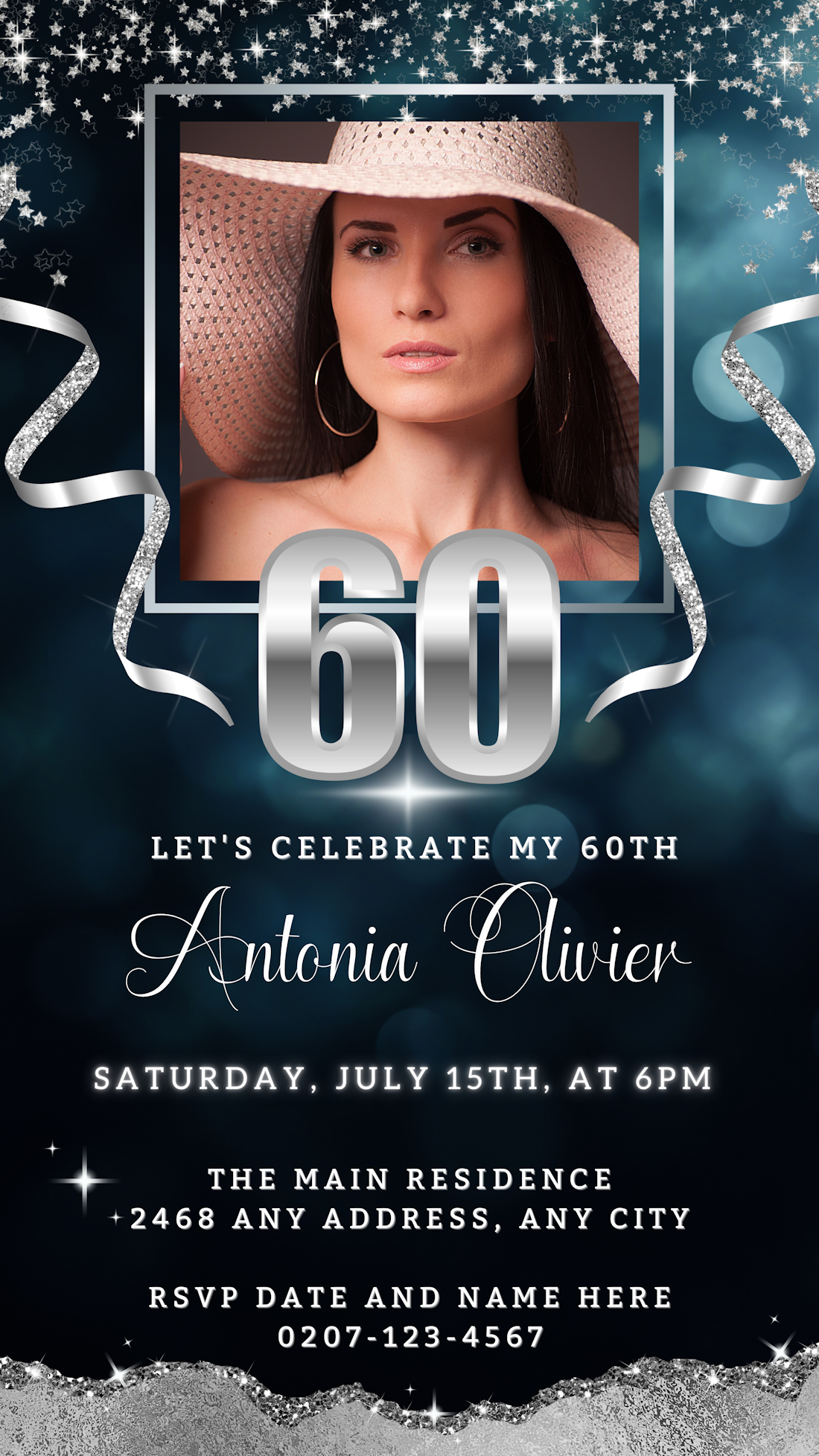 Woman wearing a hat showcasing the customisable Navy Silver Glitter 60th Birthday Evite from URCordiallyInvited, available for easy personalization and instant download via Canva.