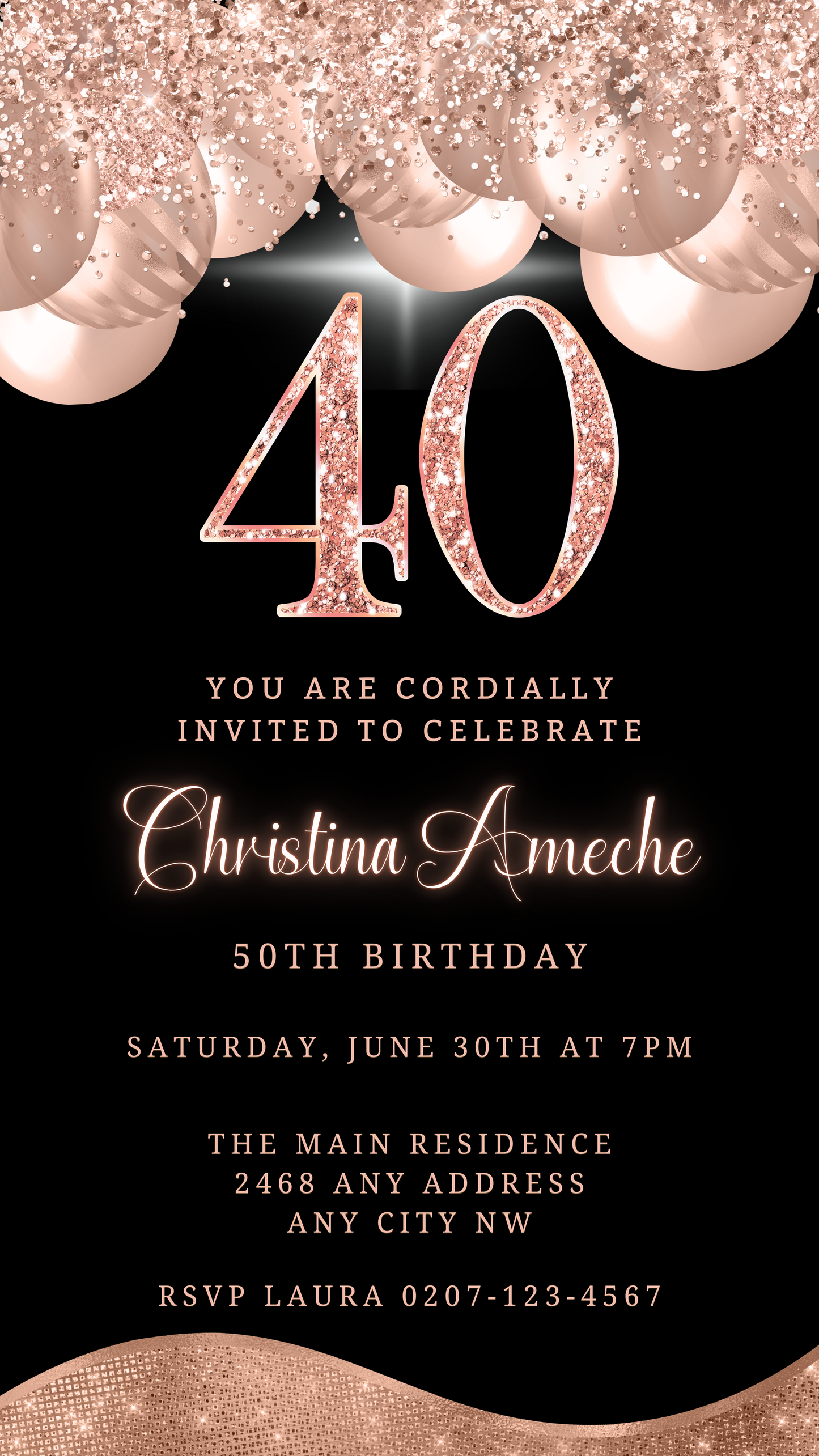 Rose Gold Balloons Glitter 40th Birthday Evite, featuring customizable black and gold design with pink glitter accents, ideal for digital invitations via Canva.
