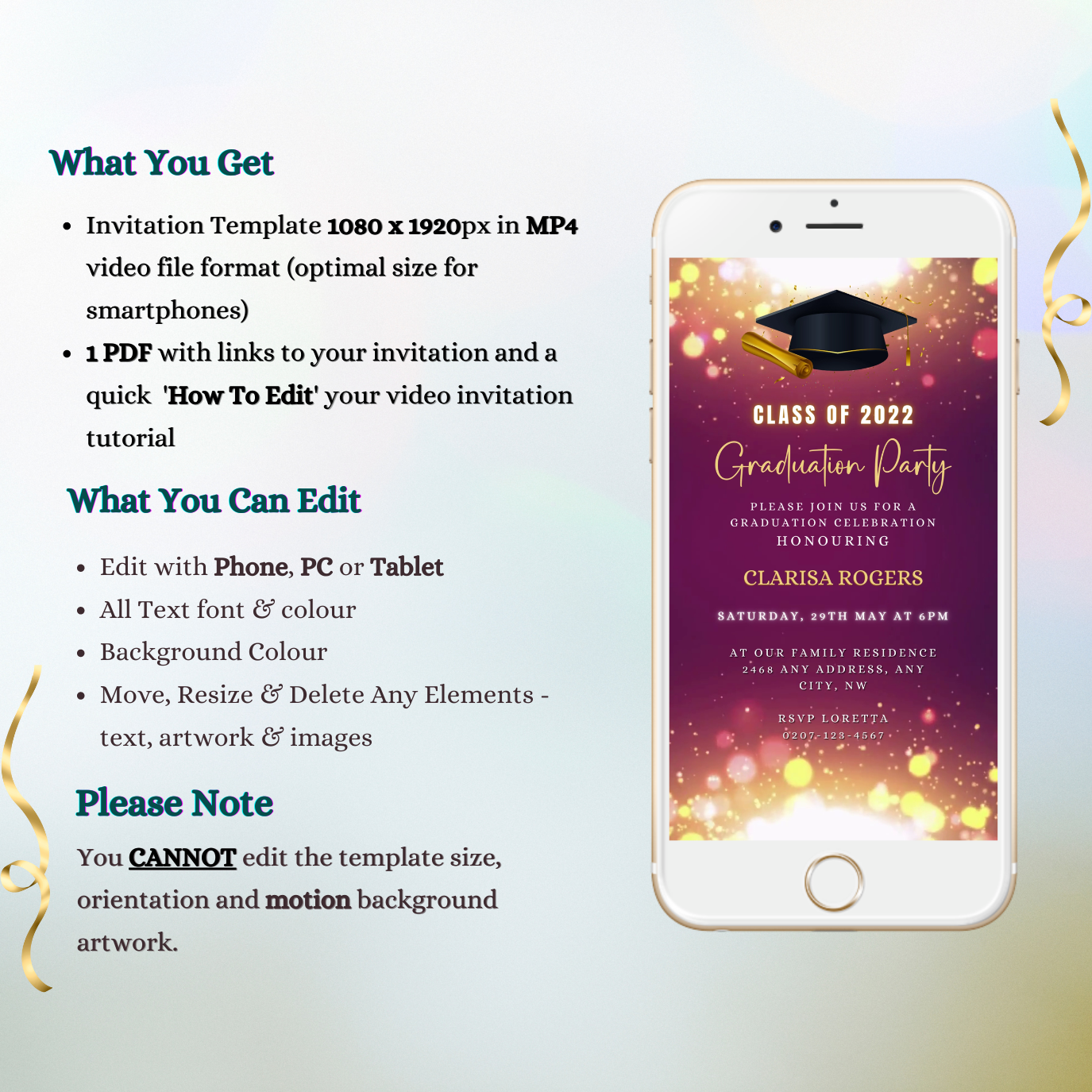 White cellphone displaying graduation cap and diploma, representing the customizable Maroon Gold Glitter Graduation Video Invitation from URCordiallyInvited.