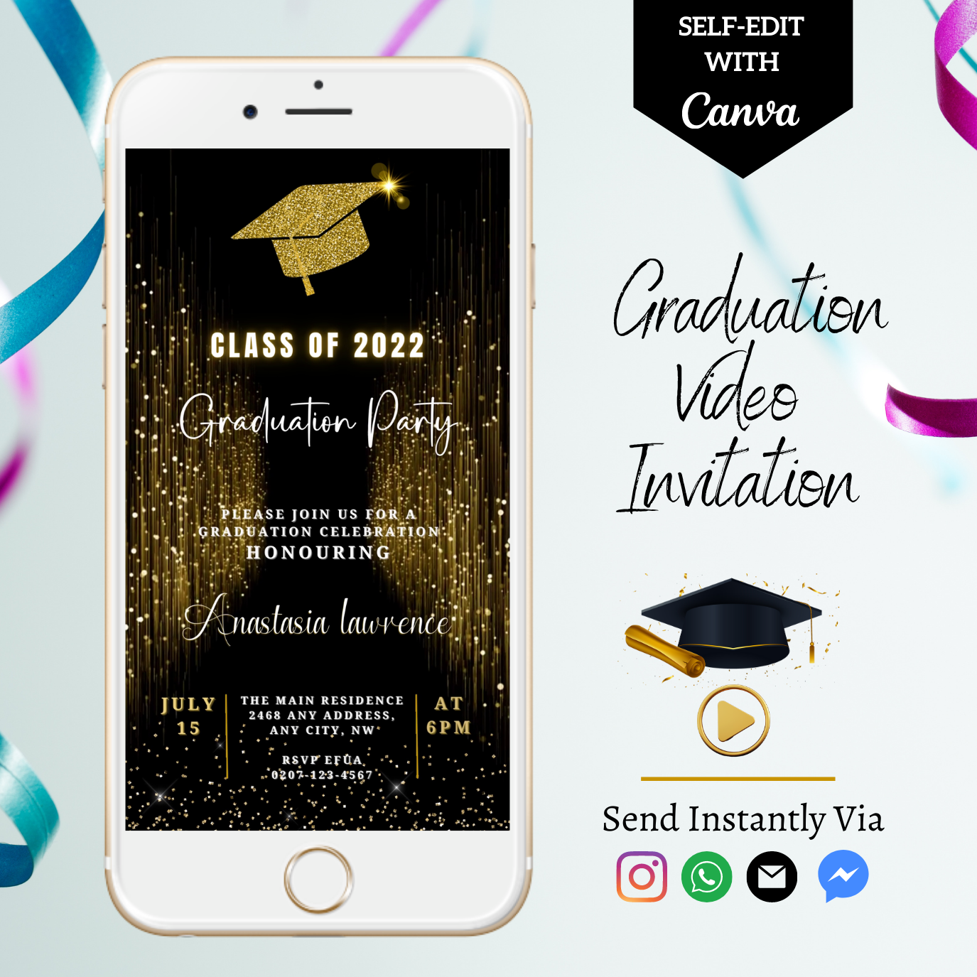 Gold Glitter Graduation Video Invitation displayed on a smartphone, featuring customizable text and design elements for event personalization via Canva.