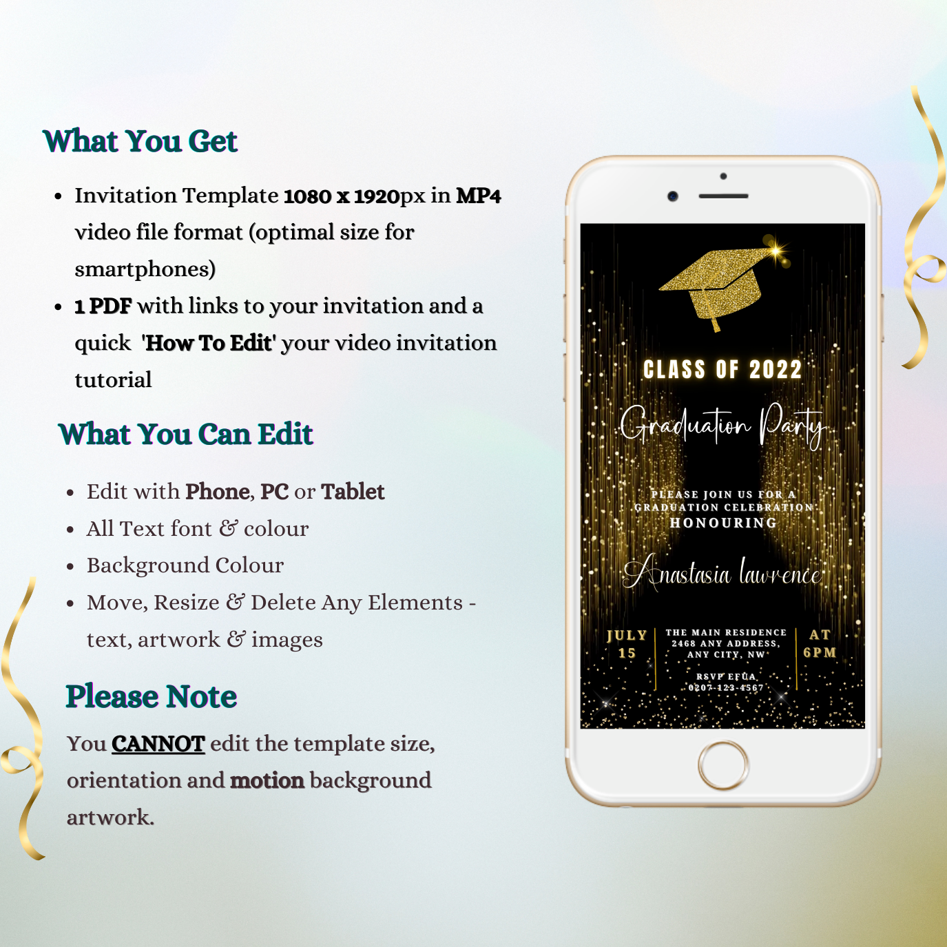 Gold Glitter Graduation Video Invitation displayed on a white cellphone screen with gold confetti and a graduation cap, customizable for events using Canva.