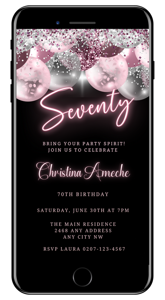 Mauve Pink Silver Neon 70AF Birthday Evite displayed on a smartphone screen with pink and white balloon graphics and customizable text.