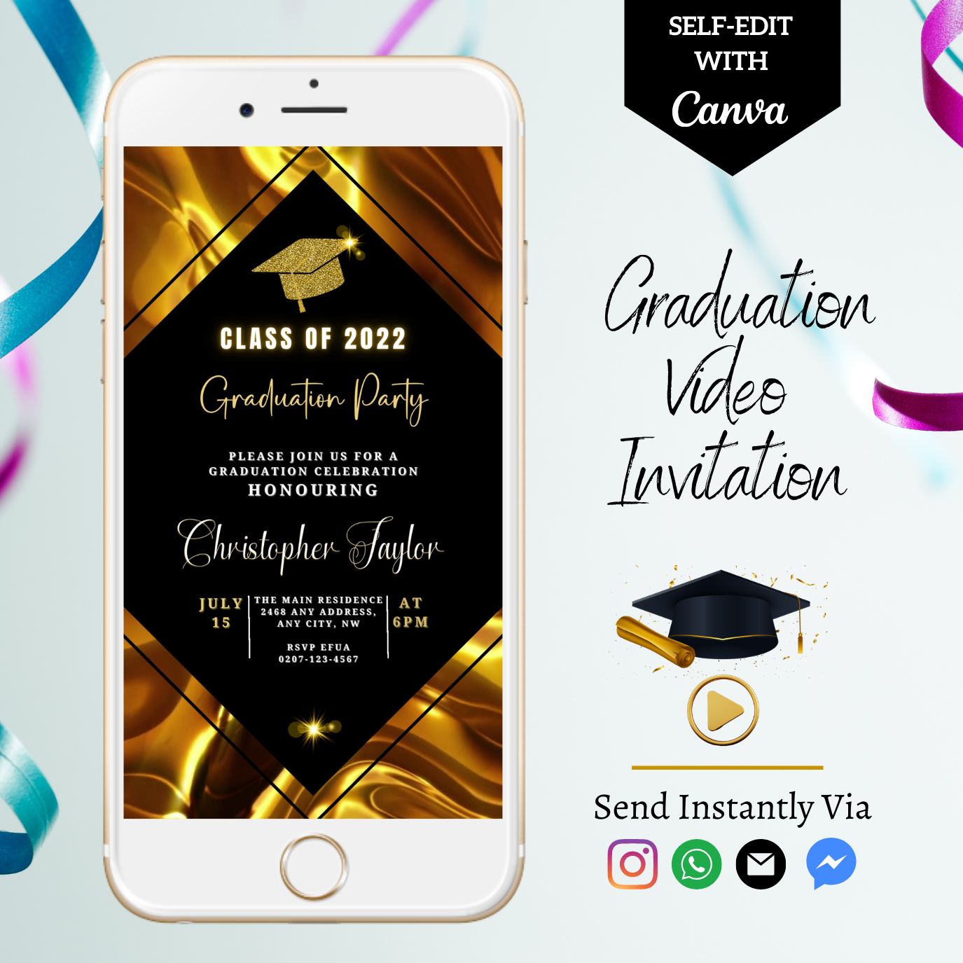 Gold Black Diamond Graduation Video Invitation displayed on a white smartphone, customizable via Canva for easy electronic sharing.