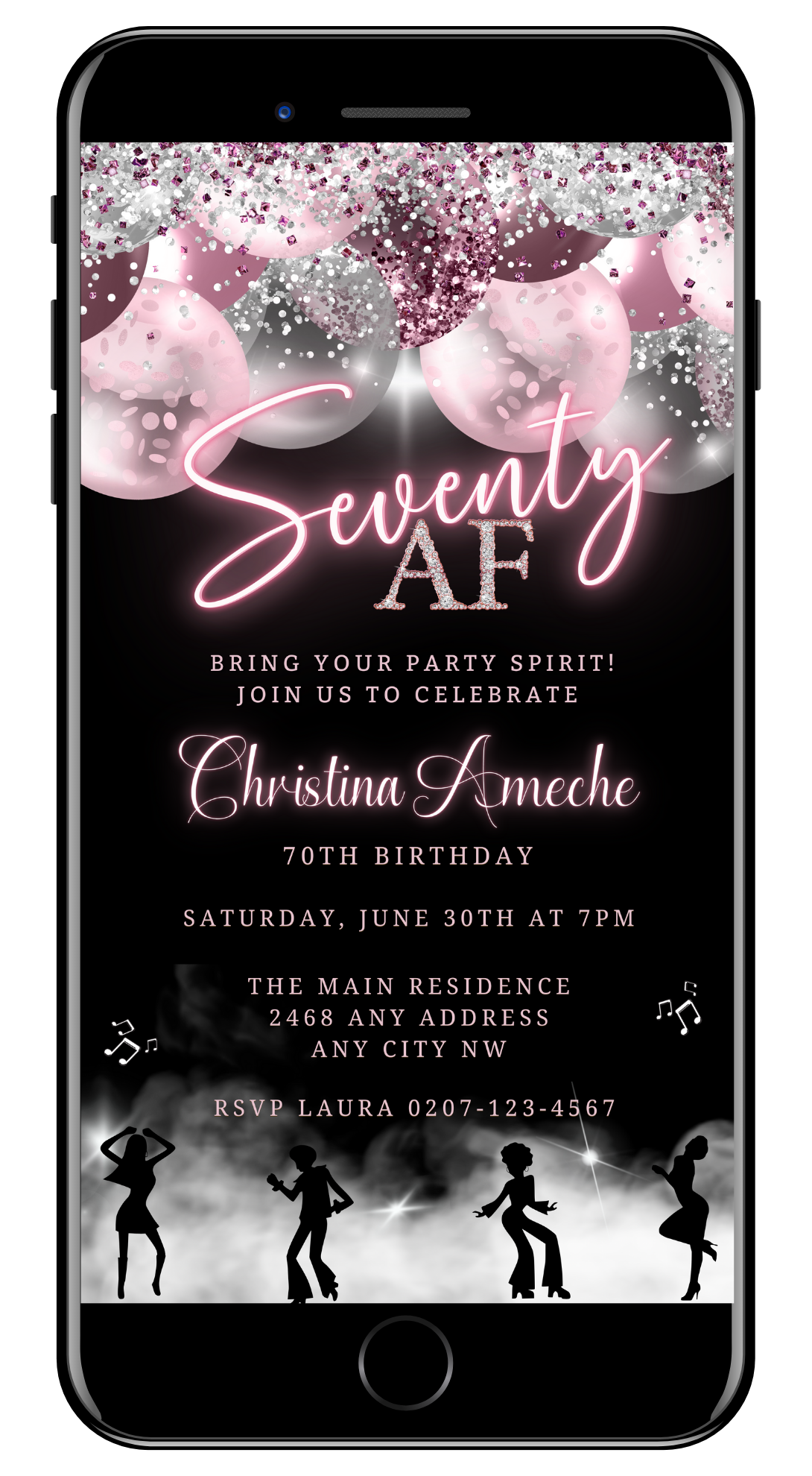 Customizable Digital Mauve Pink Silver Neon 70AF Birthday Evite displayed on a smartphone screen with pink and silver balloons in the background, perfect for personalizing and sending electronically.