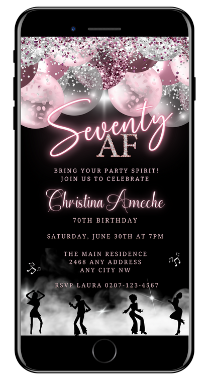 Customizable Digital Mauve Pink Silver Neon 70AF Birthday Evite displayed on a smartphone screen with pink and silver balloons in the background, perfect for personalizing and sending electronically.