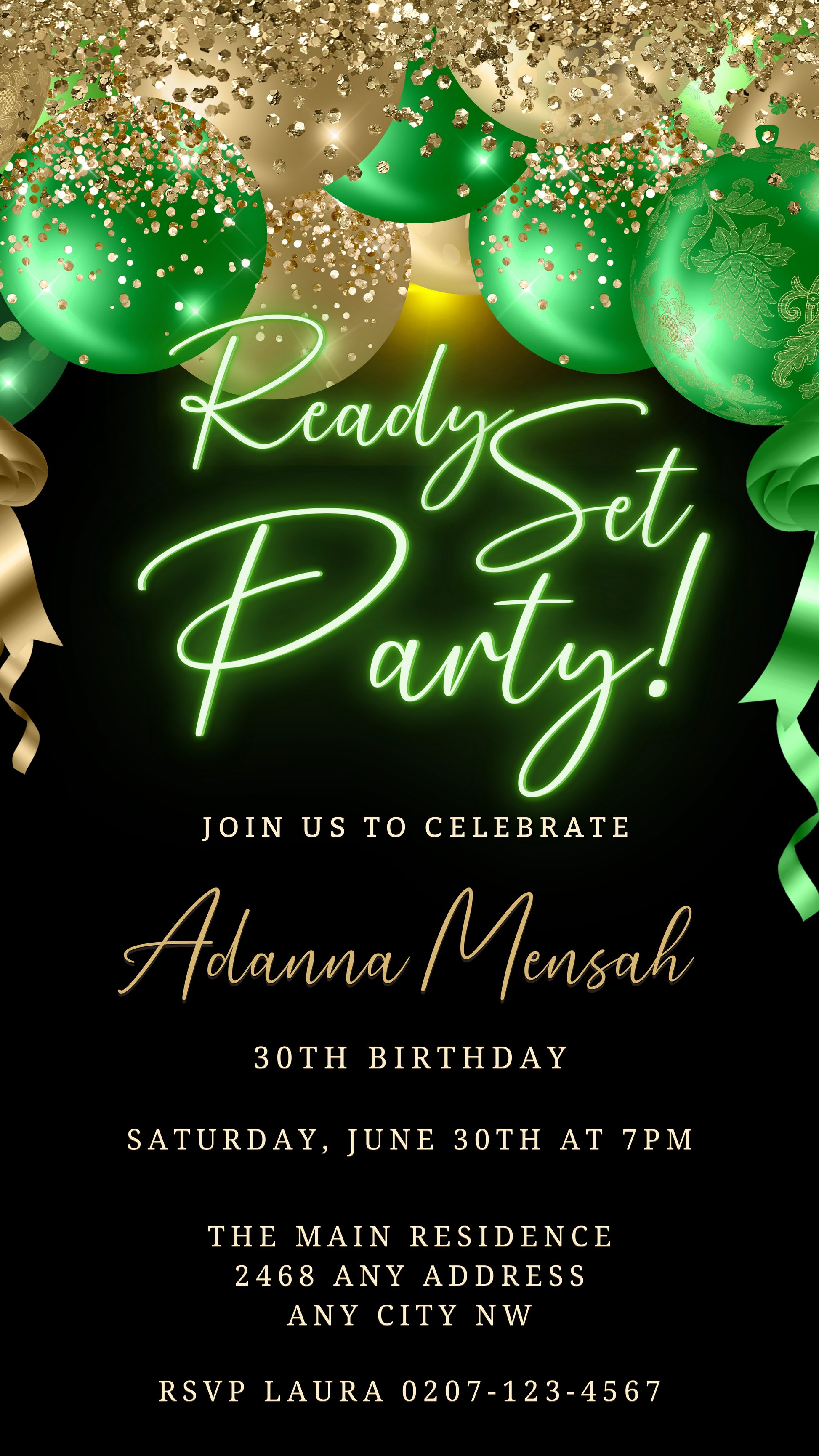 Customizable Gold Green Neon Balloons Birthday Party Evite featuring green and gold balloons and ribbons, designed for easy personalization and digital sharing via Canva.