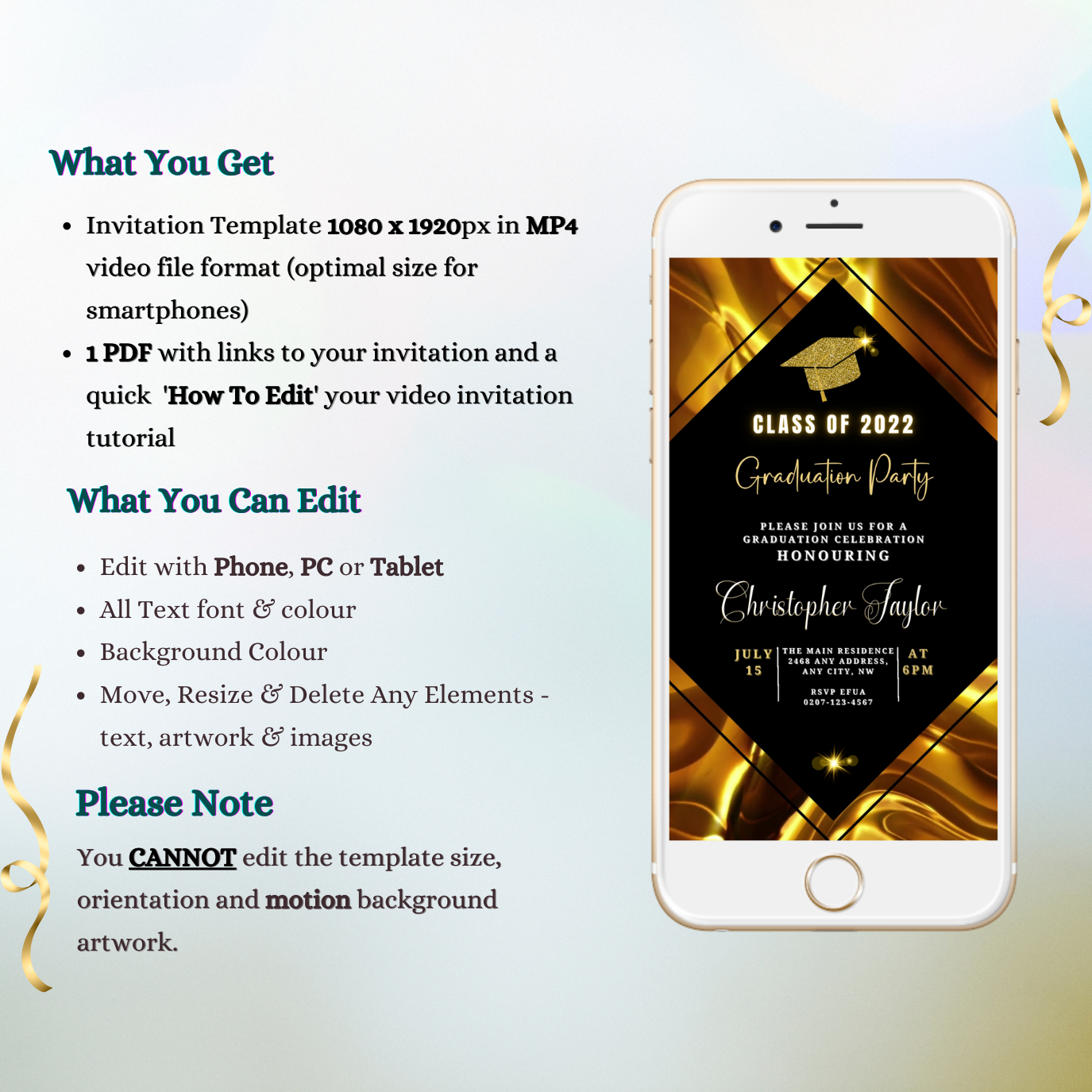 Digital Gold Glitter Graduation Video Invitation on a white cellphone screen, featuring customizable text and gold accents for smartphone use.