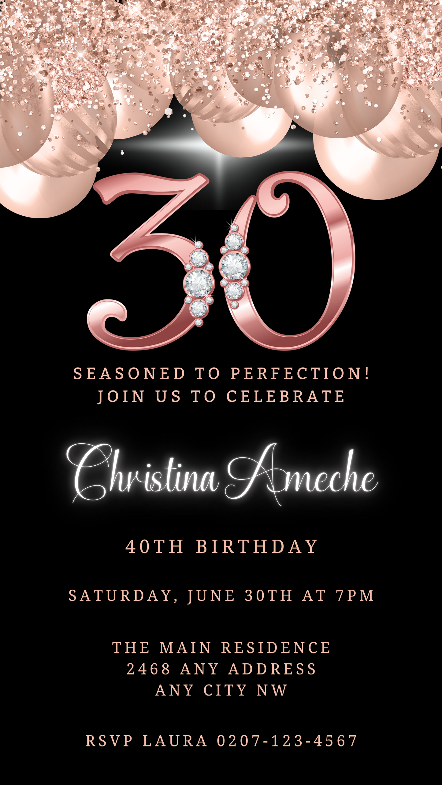 Digital Rose Gold Balloons Diamond Studs | 30th Birthday Evite featuring customizable text on a black background with diamond accents. Downloadable and editable with Canva.