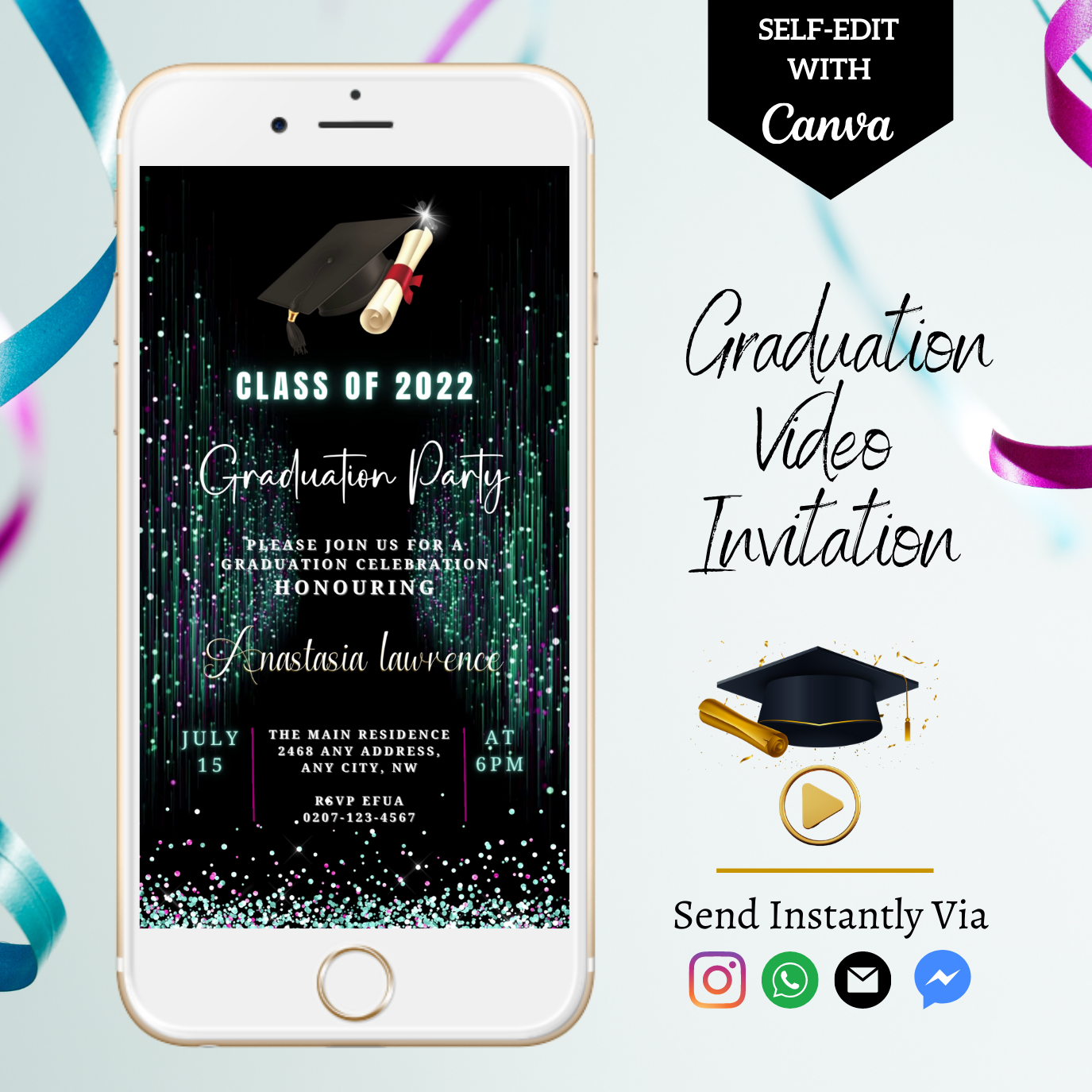 White smartphone displaying a customizable digital Green Purple Glitter Graduation Video Invitation template, featuring a graduation cap and diploma. Ideal for sharing via text, email, or messenger apps.