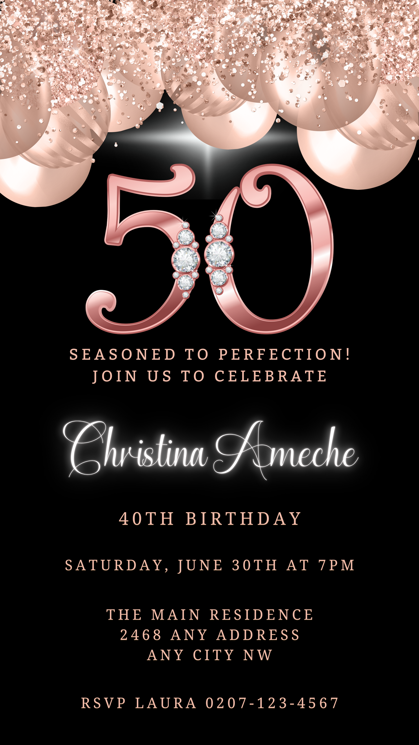 Rose Gold Balloons Diamond Studs 50th Birthday Evite, customizable digital invitation with black, gold, pearls, and diamonds, editable via Canva for smartphone sharing.