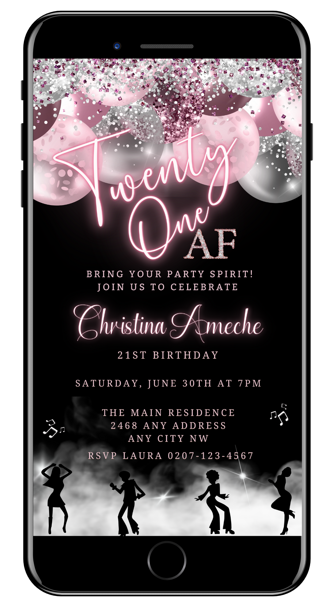 Customizable Digital Mauve Pink Silver Neon | 21AF Birthday Evite displayed on a smartphone screen with pink and silver balloons, for easy personalization via Canva.