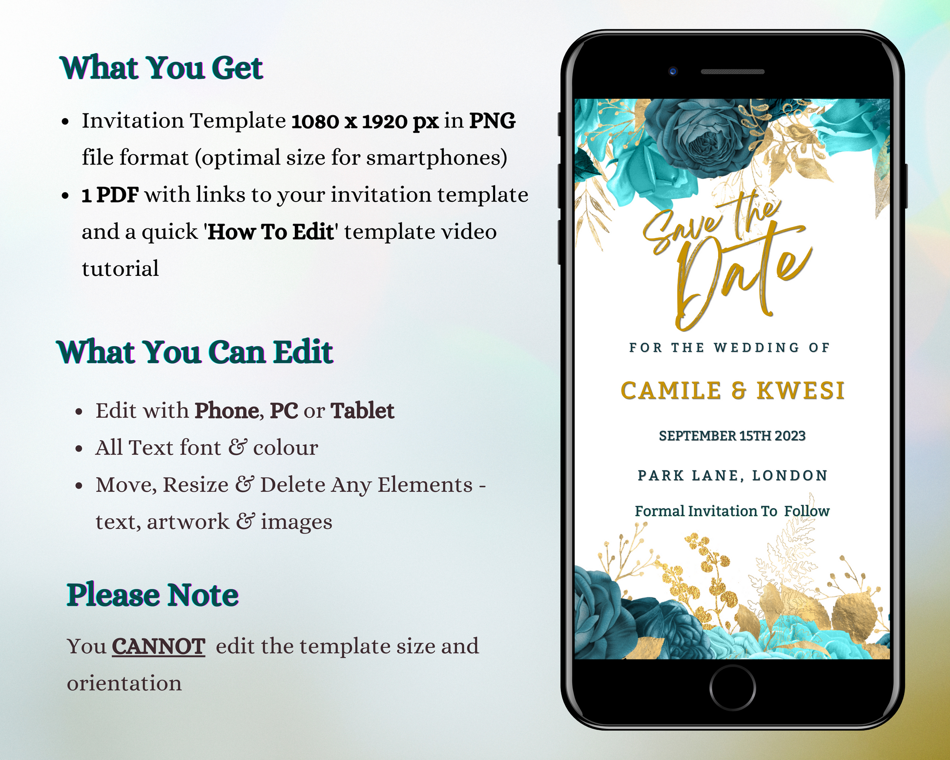 Teal Blue Gold Leaf Boho Save The Date Wedding Evite displayed on a smartphone with a floral design, ready for customization via Canva.