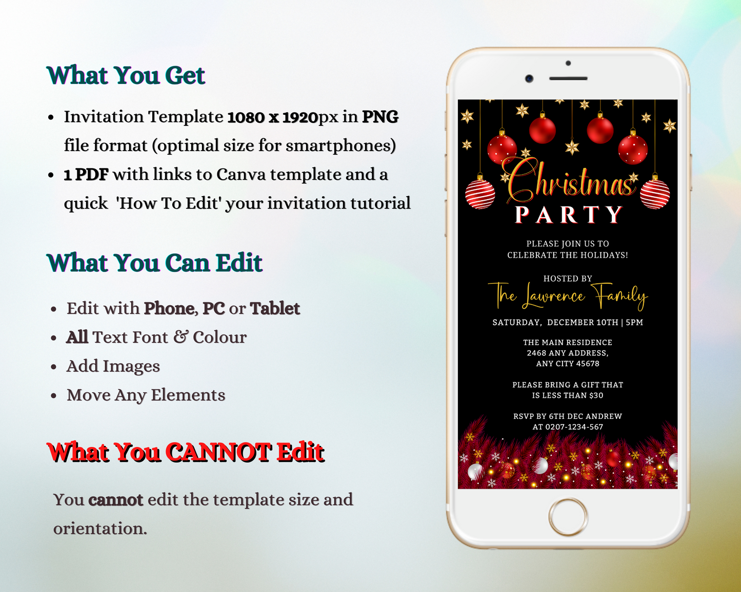 Red Black Gold Ornament | Christmas Party Evite on a white smartphone screen, showcasing customizable text and festive decorations for a digital invitation template.