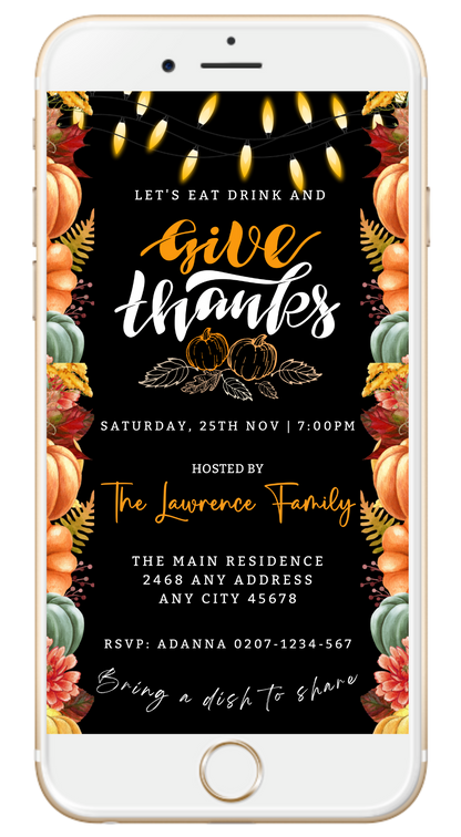 Cell phone screen displaying the Colourful Lit Leaves Pumpkins Black | Thanksgiving Evite template with editable text and graphics for customization via Canva.