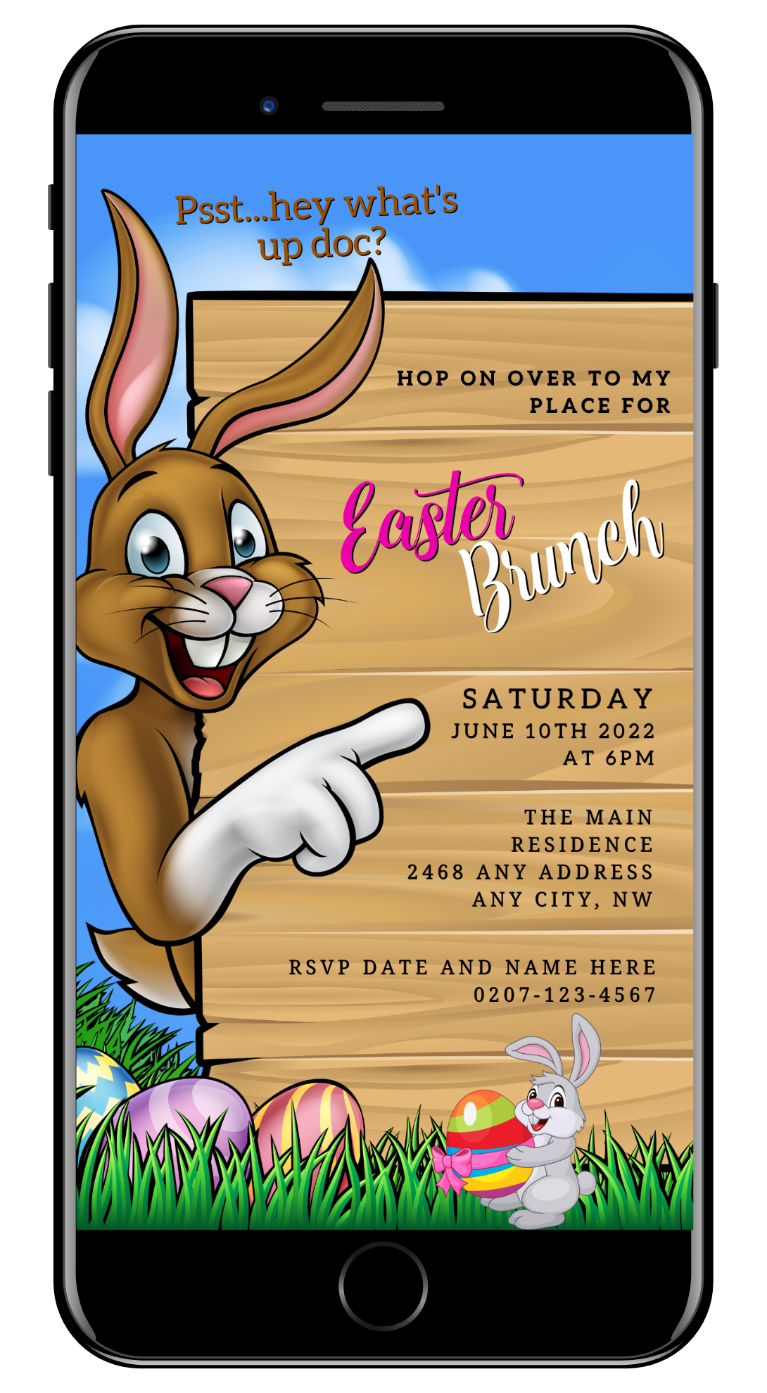 Editable Digital Brown Easter Bunny & Friends Evite showing a cartoon bunny pointing at a wooden sign on a smartphone screen.