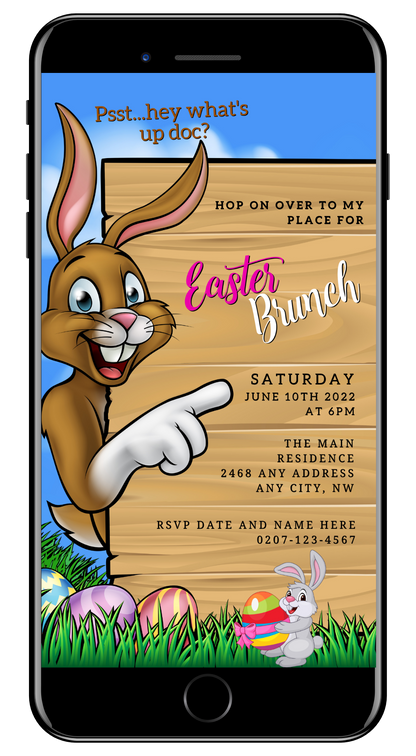 Editable Digital Brown Easter Bunny & Friends Evite showing a cartoon bunny pointing at a wooden sign on a smartphone screen.