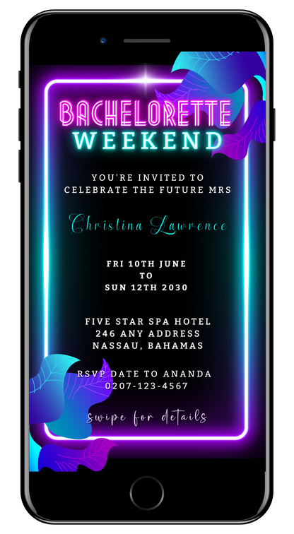 Neon Pink Aqua Black | Bachelorette Weekend Evite displayed on a smartphone, showcasing customizable neon text and design elements for easy personalization via Canva.