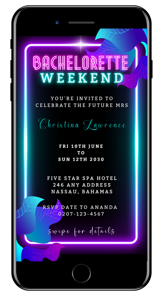 Neon Pink Aqua Black | Bachelorette Weekend Evite displayed on a smartphone, showcasing customizable neon text and design elements for easy personalization via Canva.