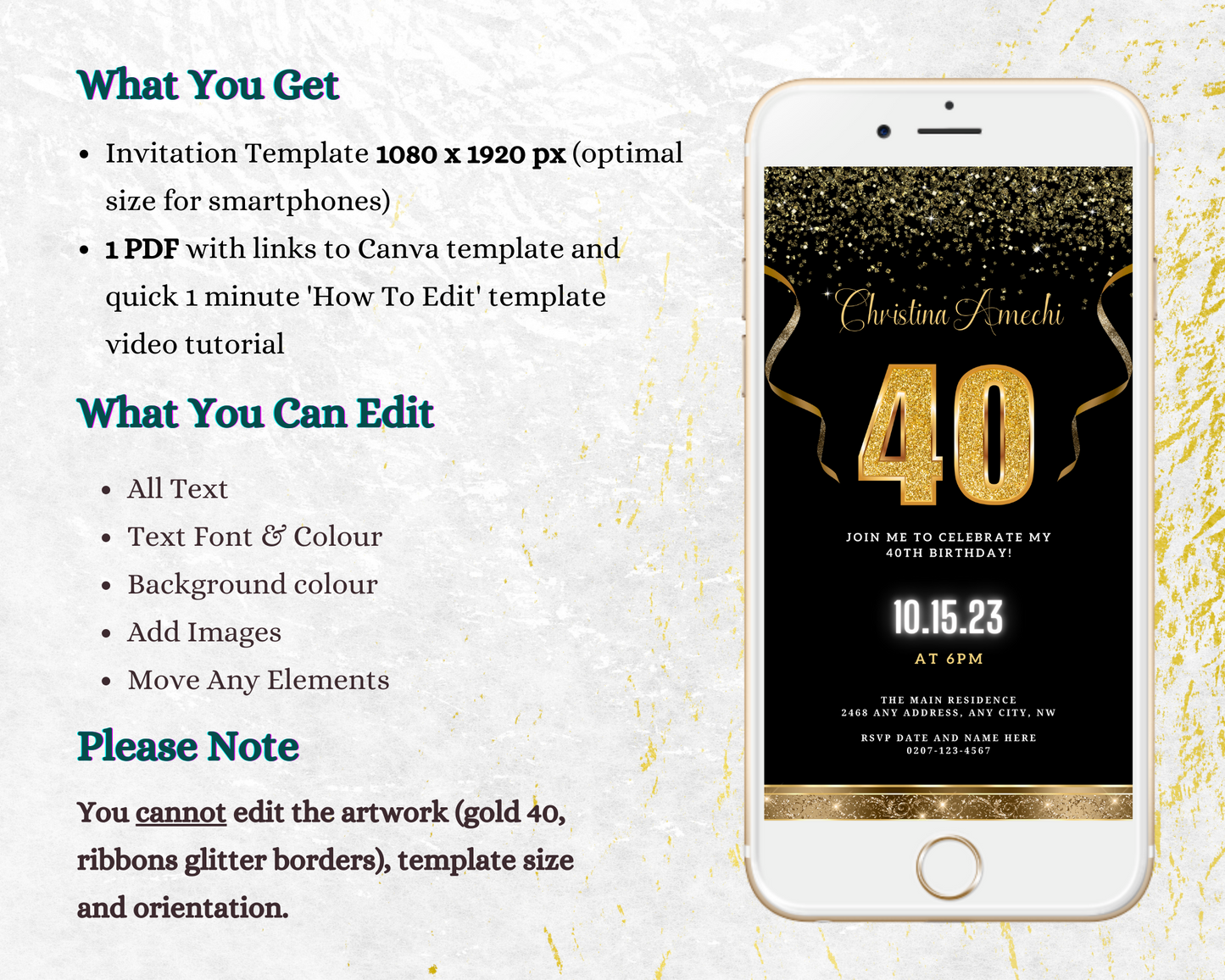 Customizable Digital Black Gold Confetti 40th Birthday Evite displayed on a smartphone screen with gold text and decorative elements.