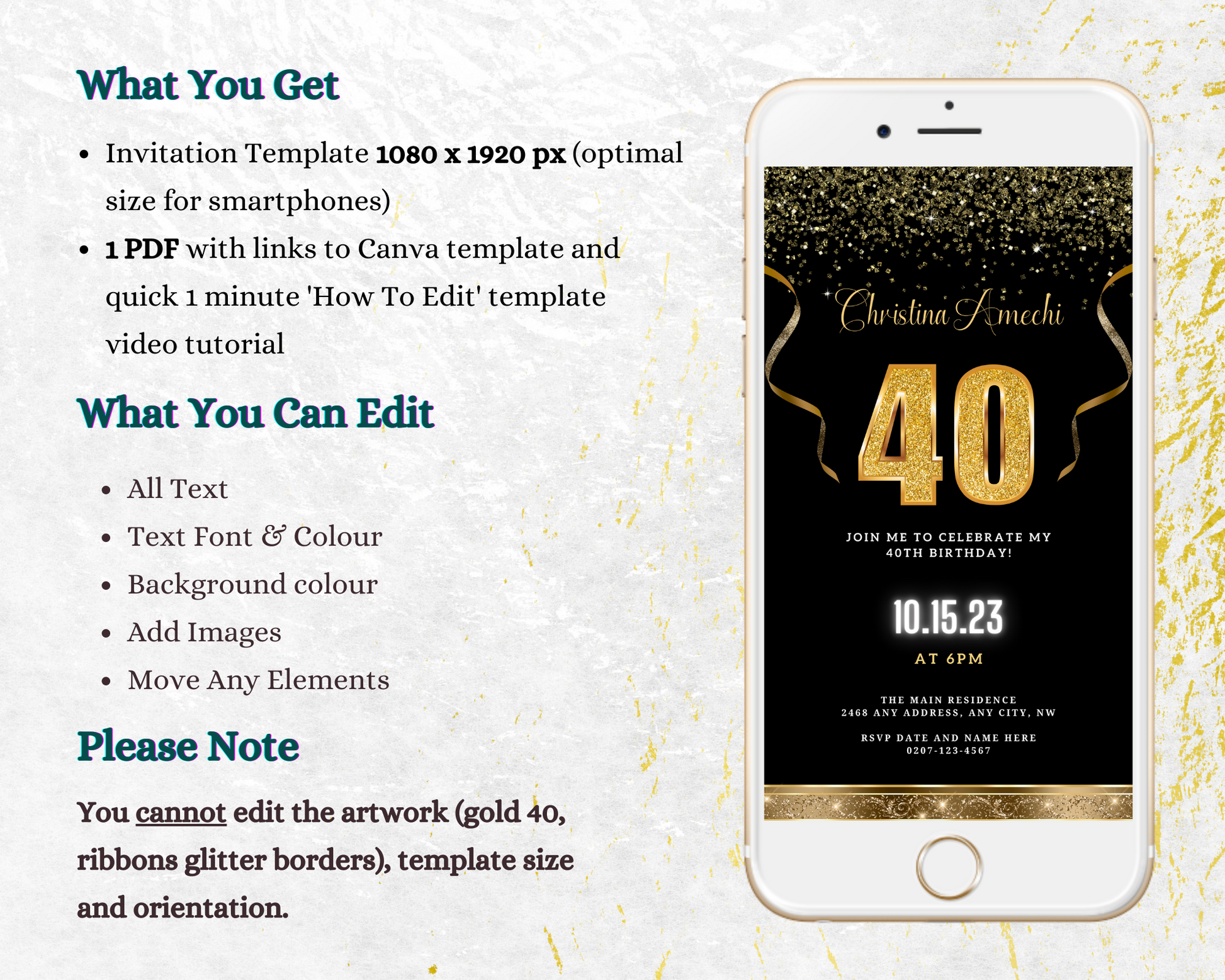 Customizable Digital Black Gold Confetti 40th Birthday Evite displayed on a smartphone screen with gold text and decorative elements.