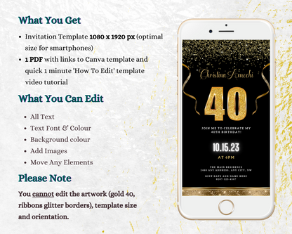 Customizable Digital Black Gold Confetti 40th Birthday Evite displayed on a smartphone screen with gold text and decorative elements.