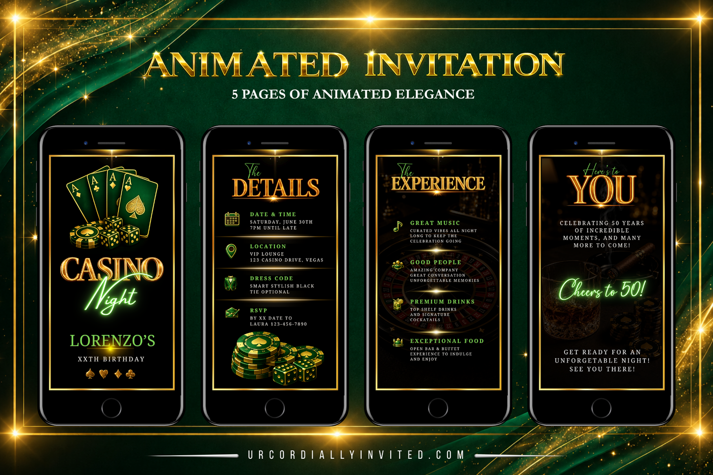 Casino Night Green & Gold Animated Invitation Suite