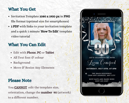 Cell phone displaying a customizable digital invitation for a 90th birthday with a photo of an elderly woman.