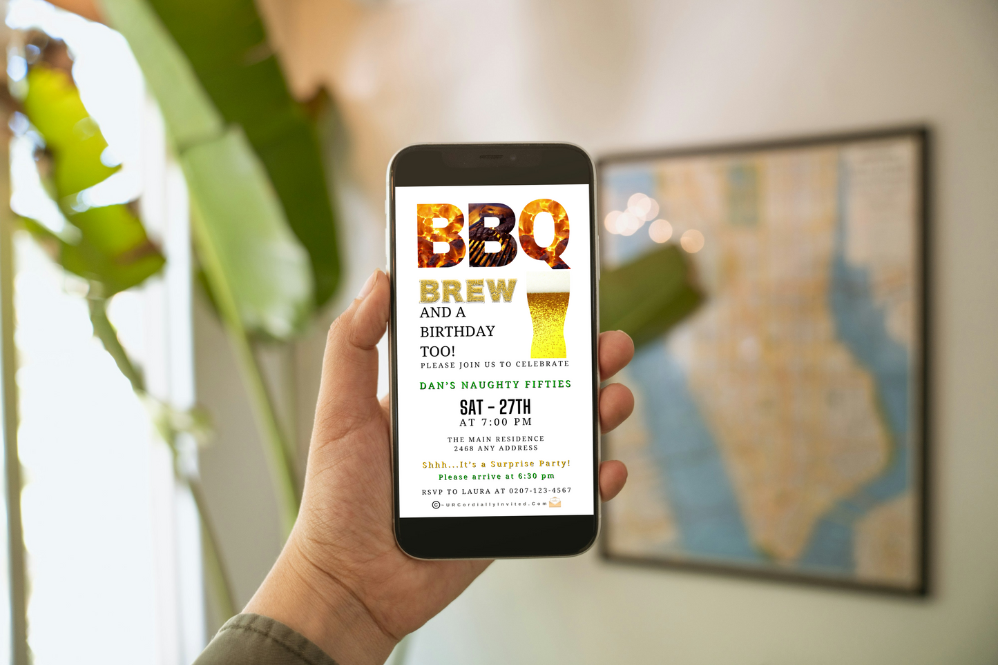 Hand holding a smartphone displaying the BBQ & Brew Birthday Invitation, an editable Canva template for creating personalized digital video party invites.