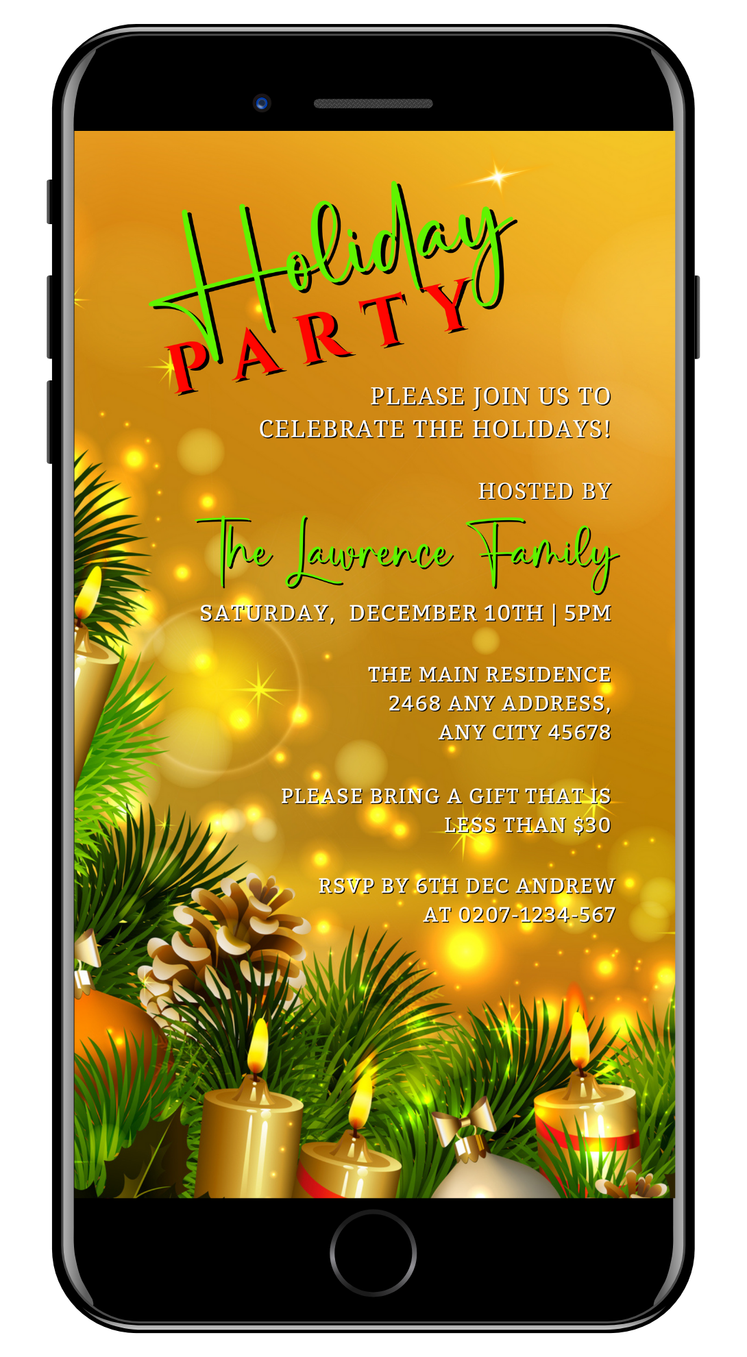 Phone displaying a customizable digital Christmas party invitation with gold candles ornaments, editable via Canva for easy sharing through various messaging apps.