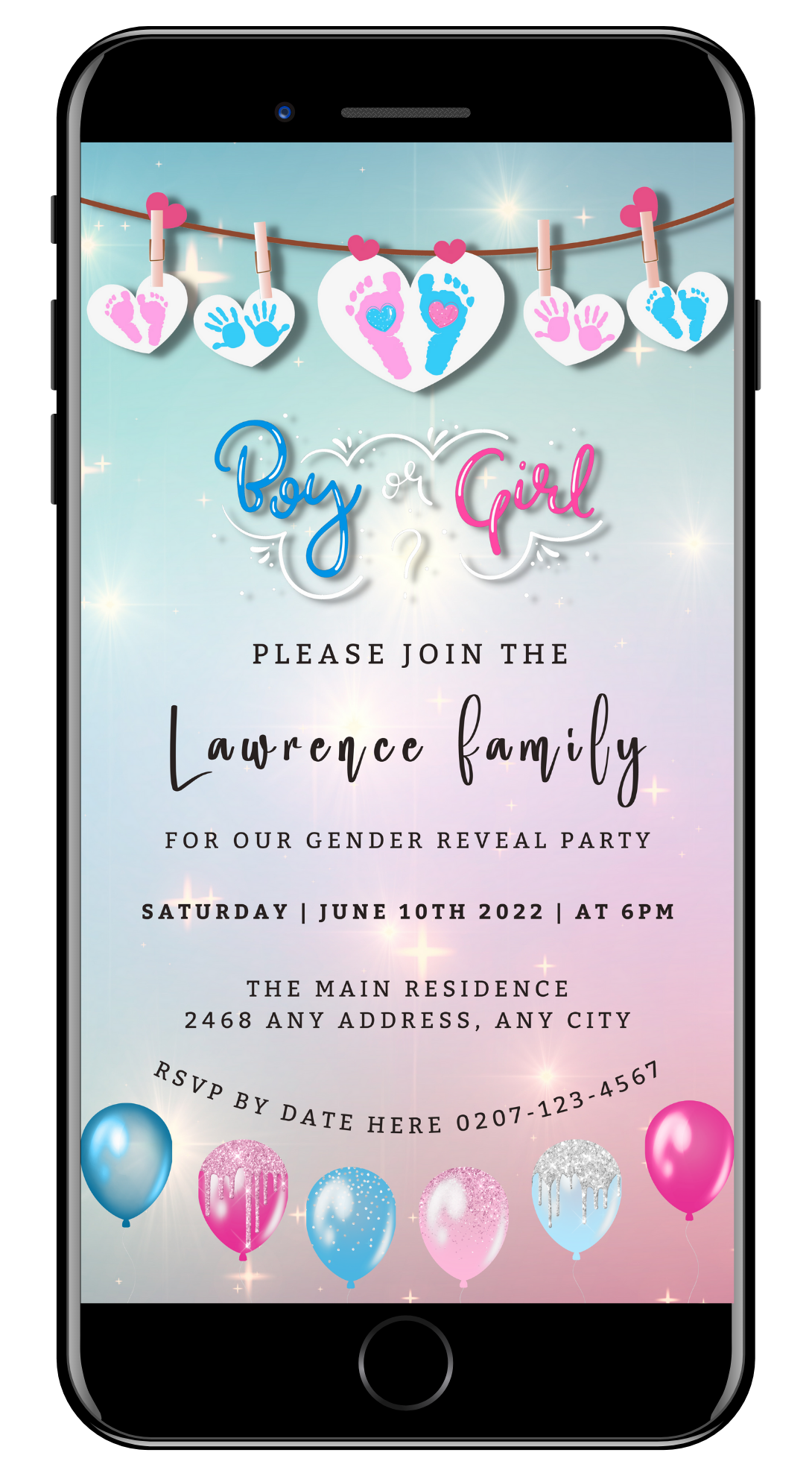 Cell phone displaying a customizable digital Sparkling Hanging Hearts | Gender Reveal Evite invitation, ready for personalization via Canva.