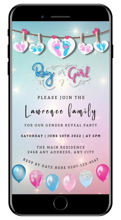Cell phone displaying a customizable digital Sparkling Hanging Hearts | Gender Reveal Evite invitation, ready for personalization via Canva.