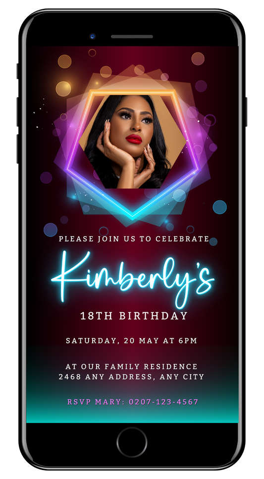 Cell phone displaying customizable digital birthday party evite with a woman's face, editable in Canva.