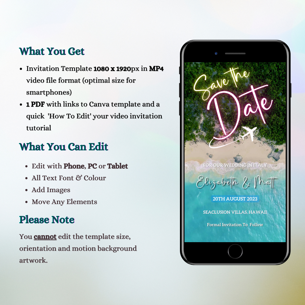Smartphone displaying the Exotic Beach Destination | Save The Date Video Invitation with customizable text for events.