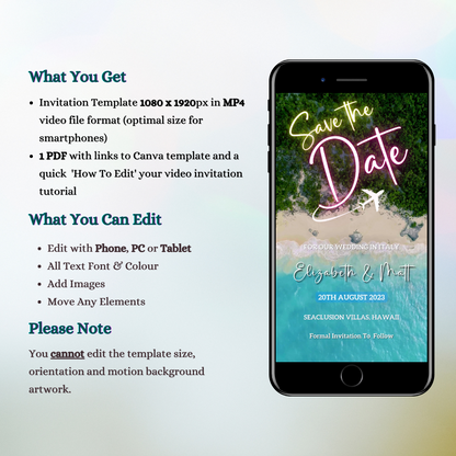 Smartphone displaying the Exotic Beach Destination | Save The Date Video Invitation with customizable text for events.
