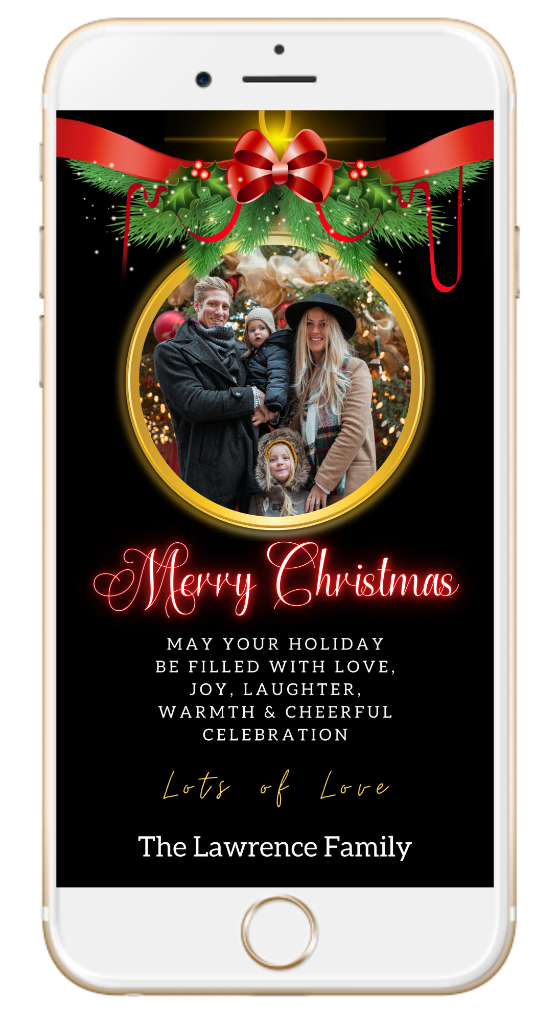 Smartphone displaying a customizable Merry Christmas ecard template with a family photo frame.