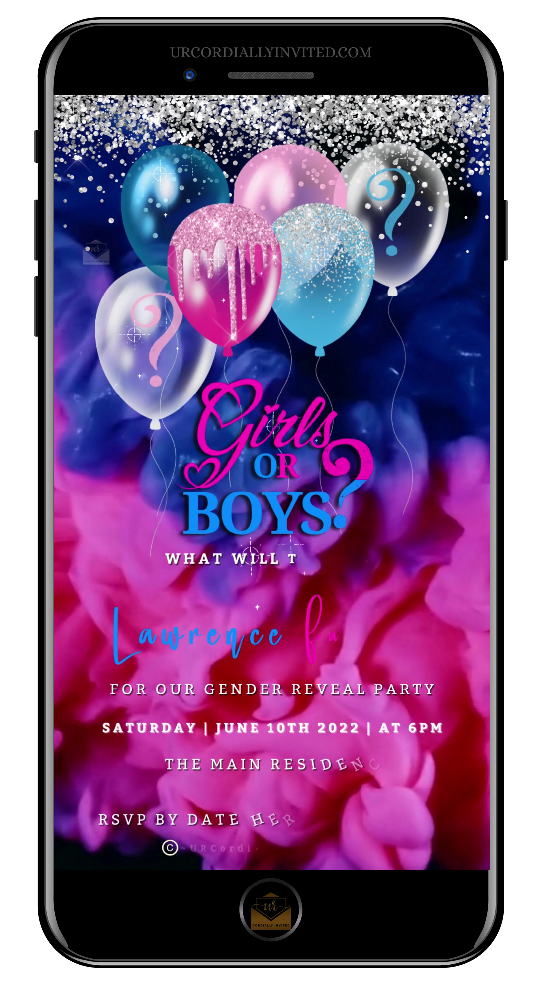 Gender reveal invitation for twins featuring blue and pink balloons with smoky ink confetti.