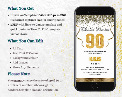White Gold Confetti 90th Birthday Evite on smartphone screen with customizable gold glittery number and text for DIY personalization.
