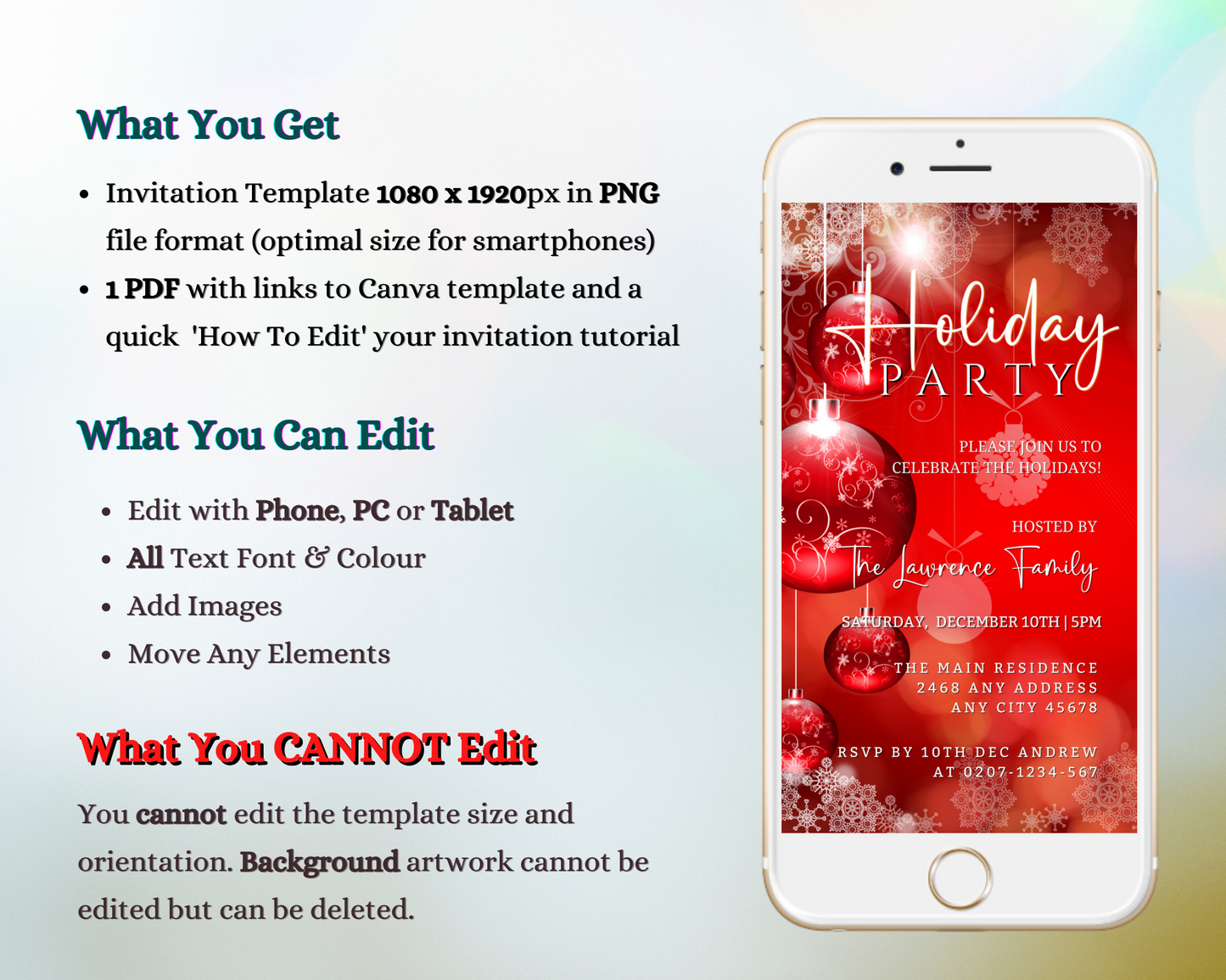 Glowing Red White Ornaments | Holiday Party Invitation displayed on a smartphone, featuring festive red and white decorative elements.