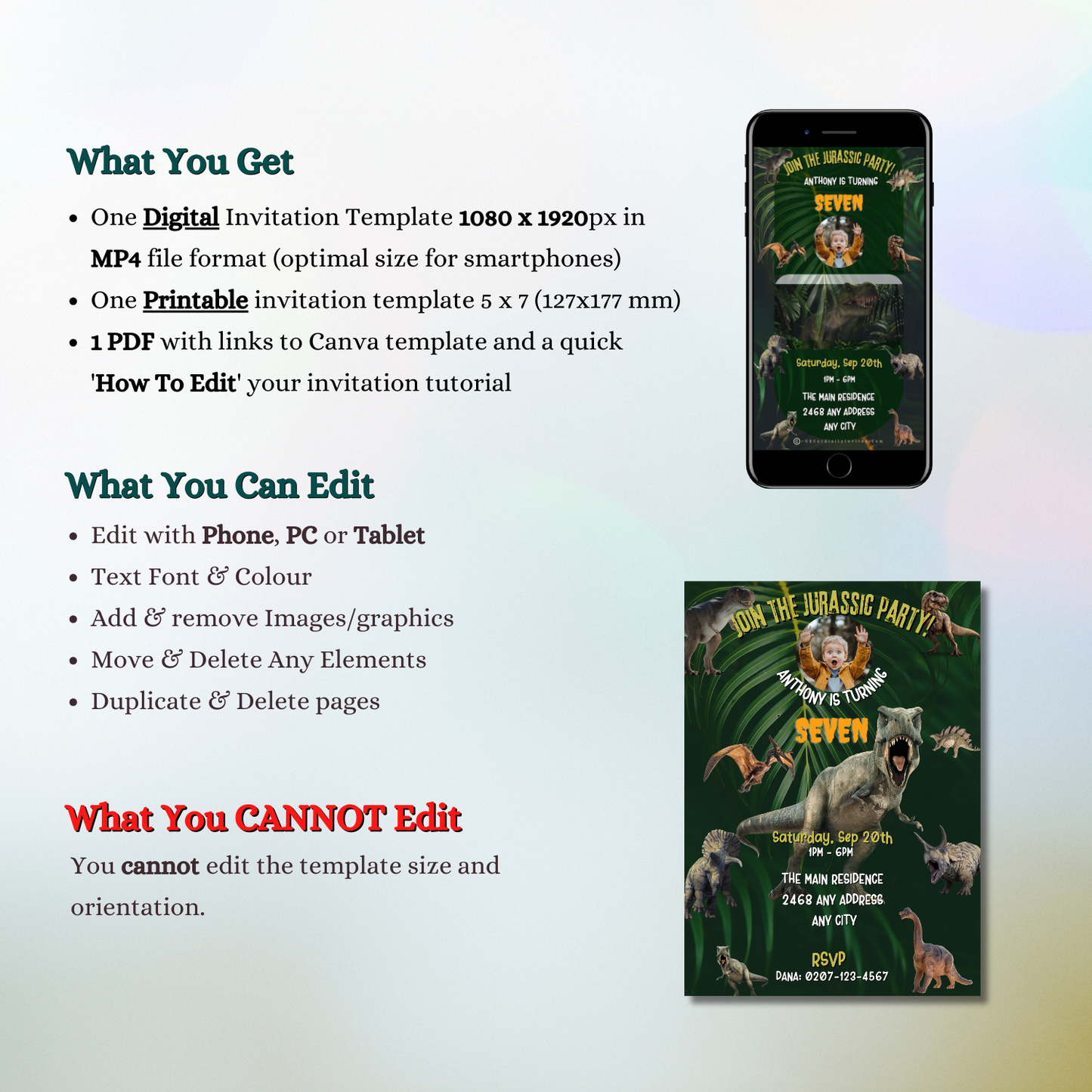 Dinosaur Birthday Video Invitation - Jurassic Theme showing a phone screenshot with animated dinosaurs, perfect for kids' parties with customisable elements via Canva.