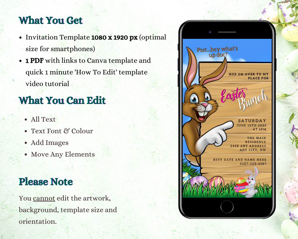 A digital invitation template featuring a cartoon bunny pointing at a sign on a smartphone screen for an Easter brunch barbeque event.