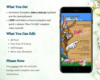 A digital invitation template featuring a cartoon bunny pointing at a sign on a smartphone screen for an Easter brunch barbeque event.